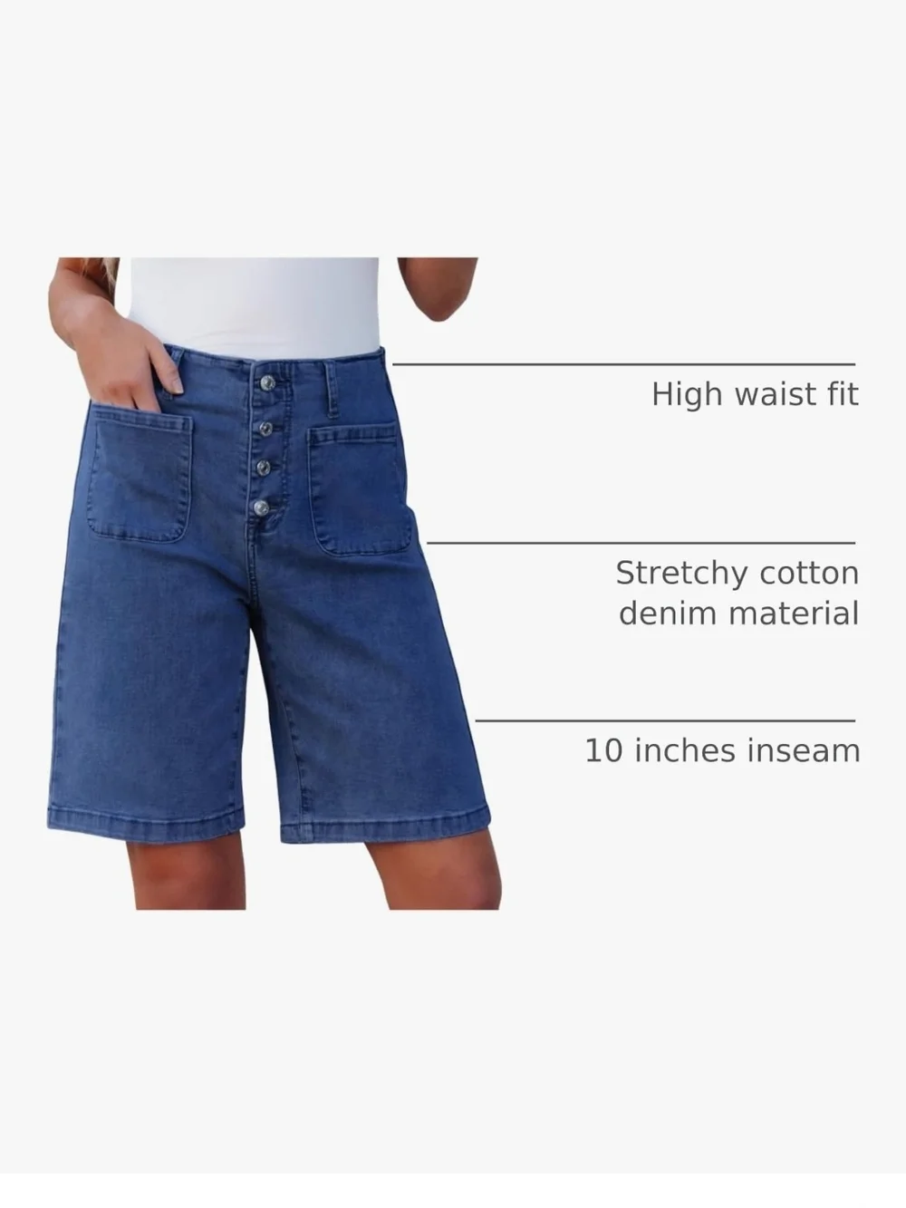 Button-Front High-Waist Denim Bermuda Shorts - Blue